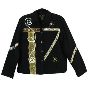 Vintage 90s Mirasol Black Denim Jacket Gold Coin Embroidered Artsy Medium Retro